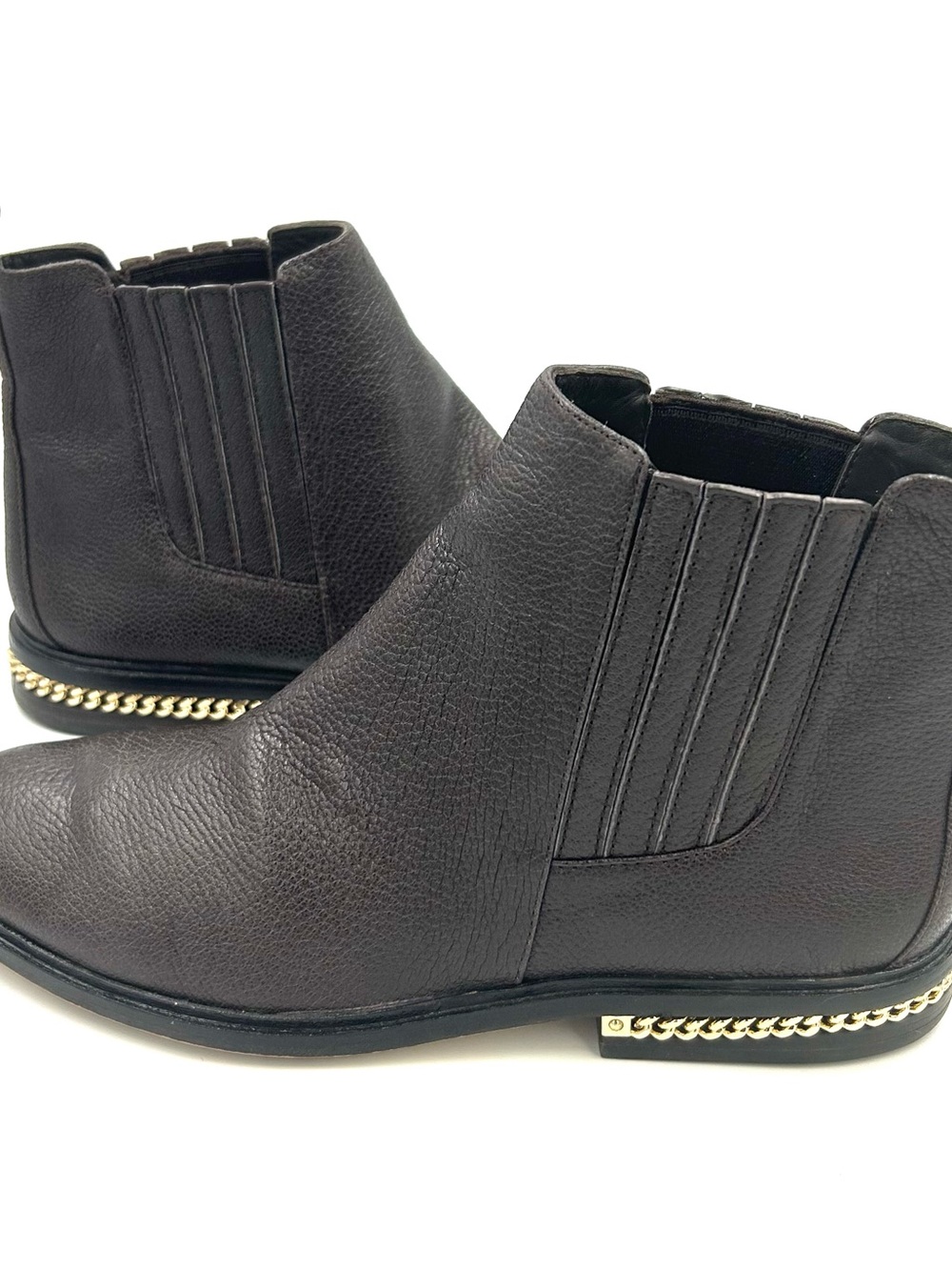 MICHAEL KORS Dark Brown Pebbled Leather Sabrina Boots w/ Gold Chain Heel Size 7M